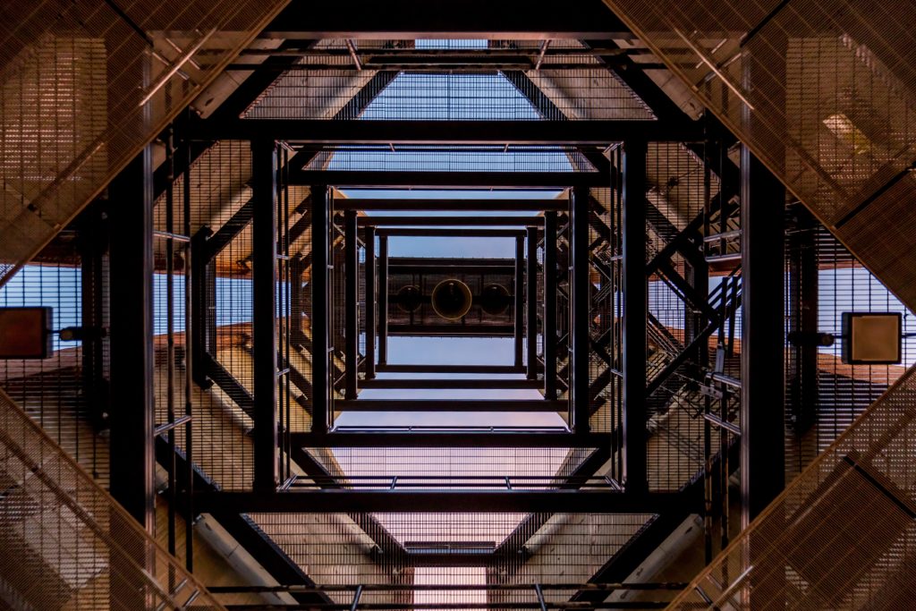 looking up through an elevator shaft